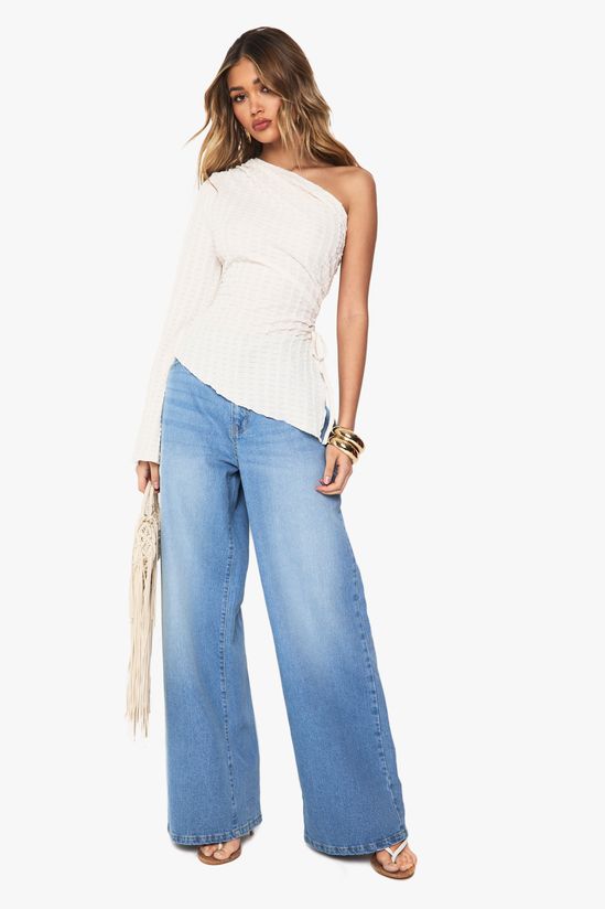 Textured One Shoulder Ruched Top