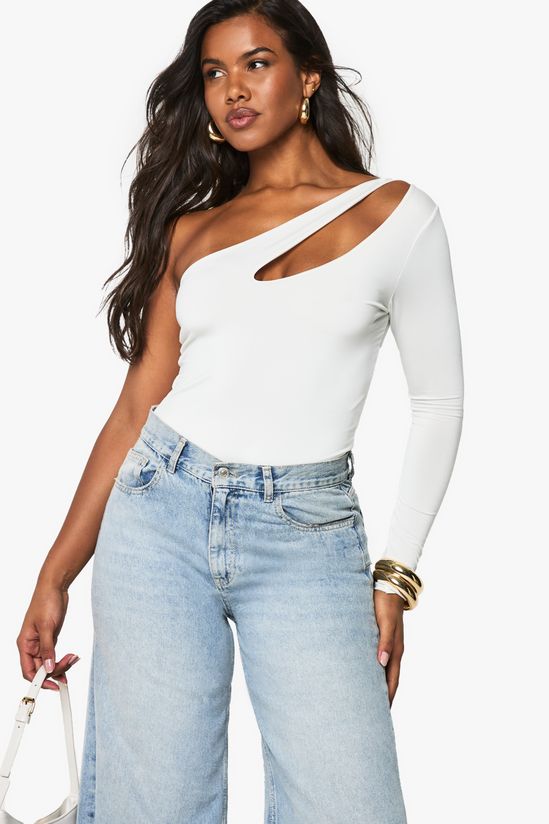 Double layer slinky cut out one shoulder bodysuit
