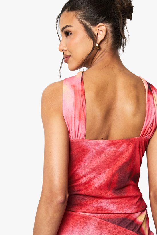 Printed Textured Mesh Halterneck Trim Detail Top