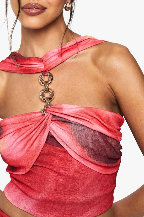 Printed Textured Mesh Halterneck Trim Detail Top