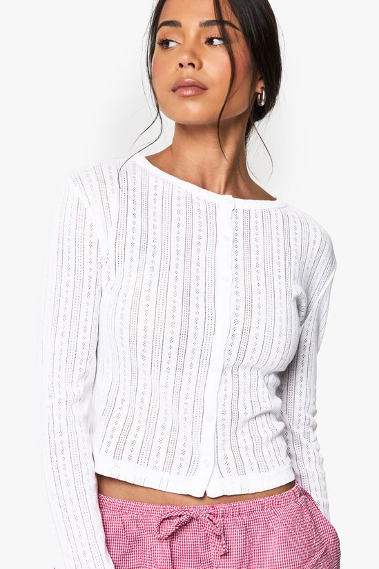 Pointelle Button Through Long Sleeve Top