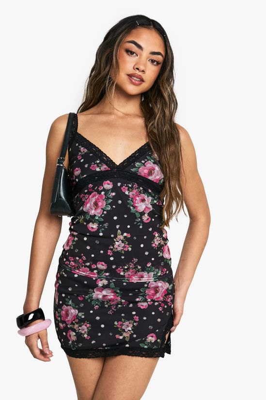 Floral Printed Mesh Lace Trim Cami Top