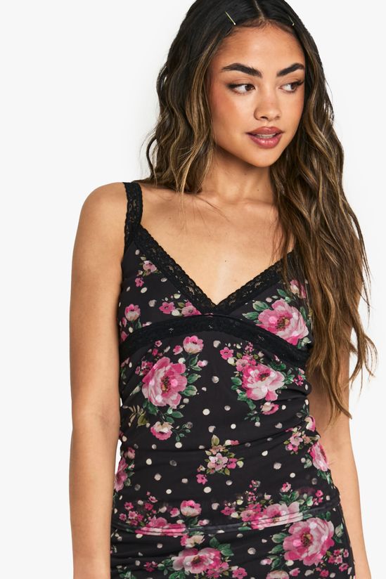 Floral Printed Mesh Lace Trim Cami Top