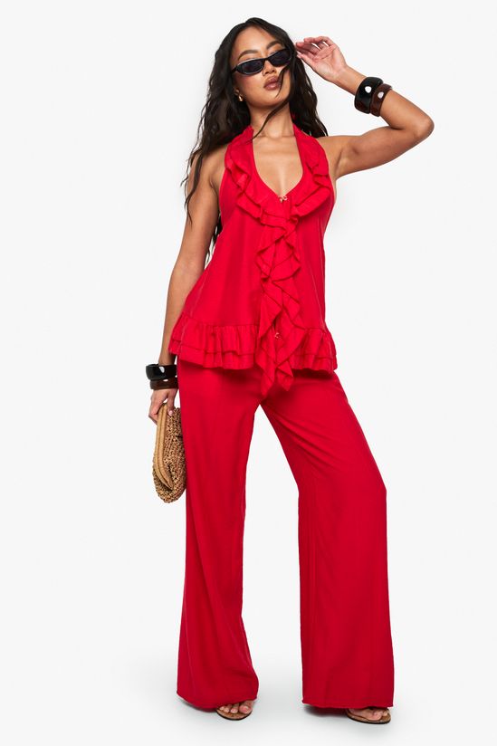 Woven Crinkle Ruffle Button Top