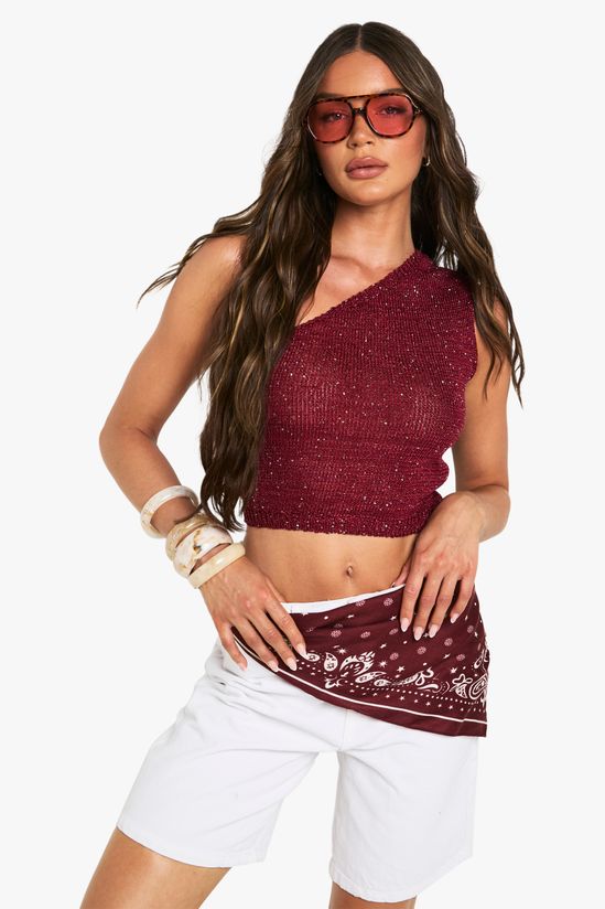 Sequin Knit Sheer Asymmetric One Shoulder Knitted Top