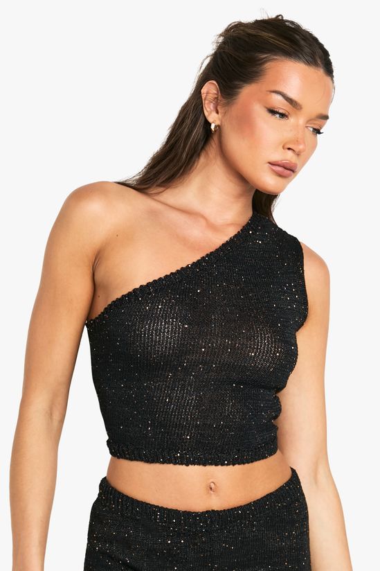 Sequin Knit Sheer Asymmetric One Shoulder Knitted Top
