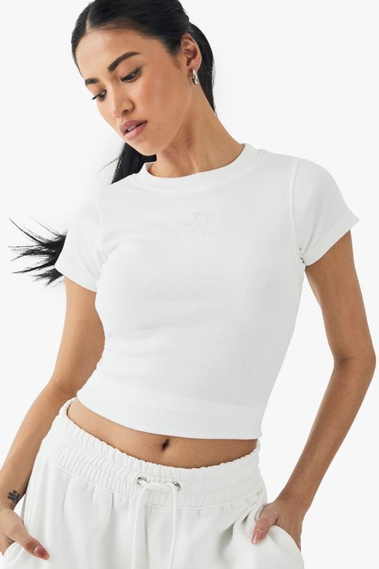 Square Script Embroidered Rib Fitted Top