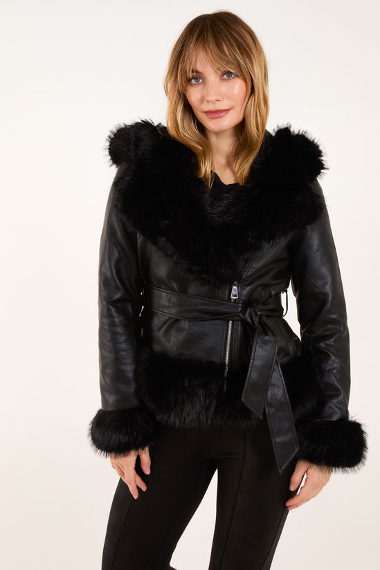 Hooded Zip Fur Cropped Leather Look Jacket