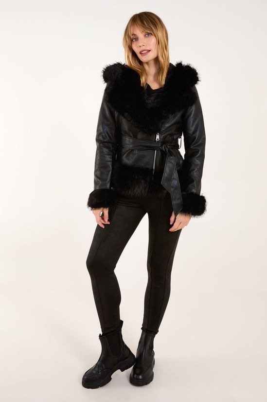 Hooded Zip Fur Cropped Leather Look Jacket