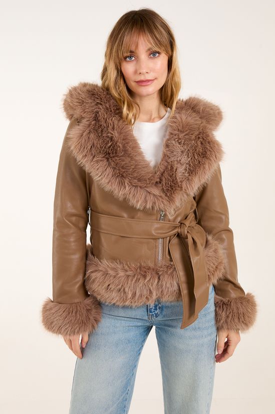 Hooded Zip Fur Cropped Leather Look Jacket