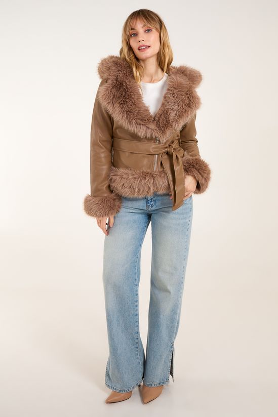 Hooded Zip Fur Cropped Leather Look Jacket