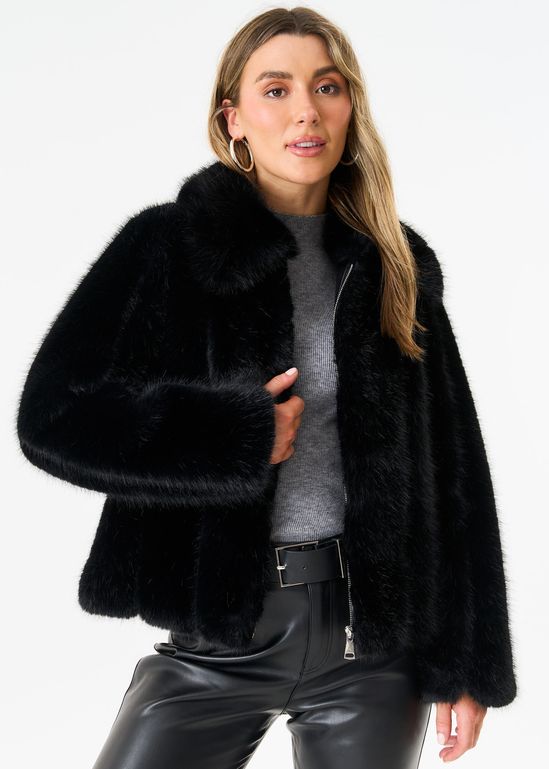 Black Zip Front Faux Fur Short Jacket