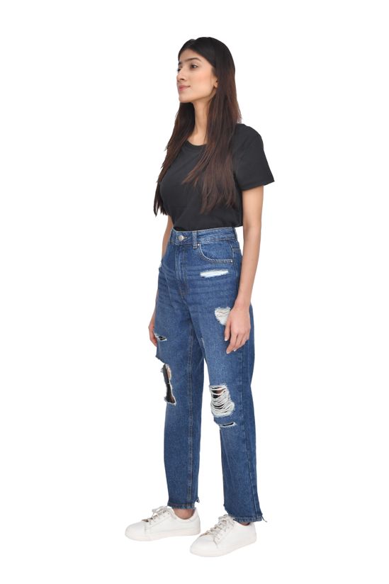 Casual Style High-Waisted Torn Hem Rip Mom Jeans