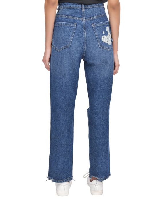 Casual Style High-Waisted Torn Hem Rip Mom Jeans