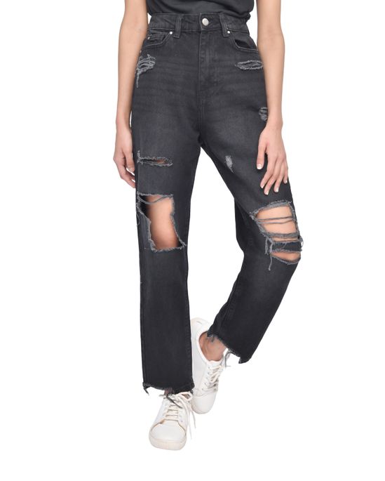 Casual Style High-Waisted Torn Hem Rip Mom Jeans