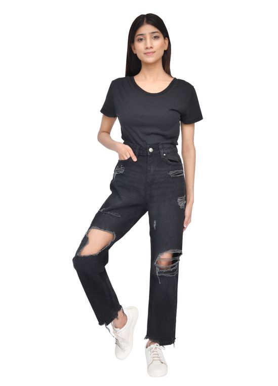 Casual Style High-Waisted Torn Hem Rip Mom Jeans