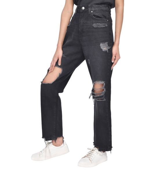 Casual Style High-Waisted Torn Hem Rip Mom Jeans