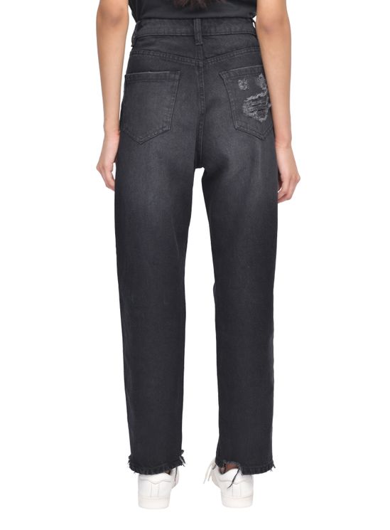 Casual Style High-Waisted Torn Hem Rip Mom Jeans