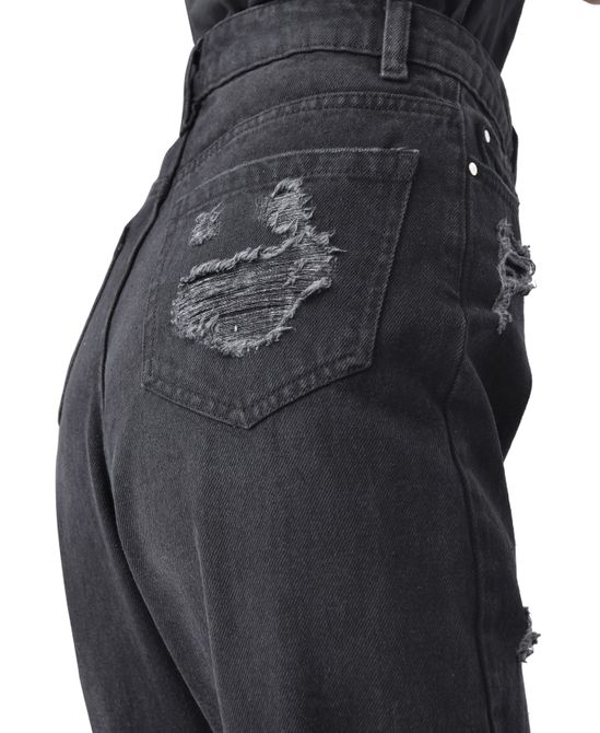 Casual Style High-Waisted Torn Hem Rip Mom Jeans