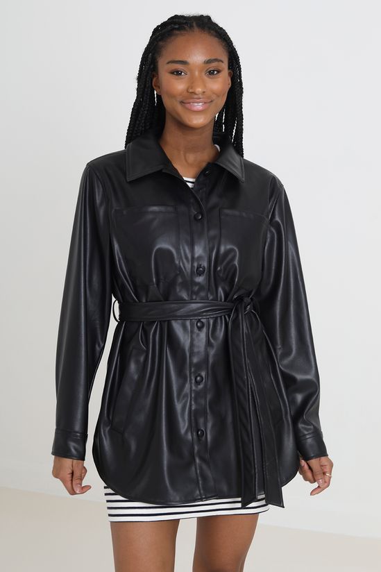 Faux Leather Self Tie Shacket