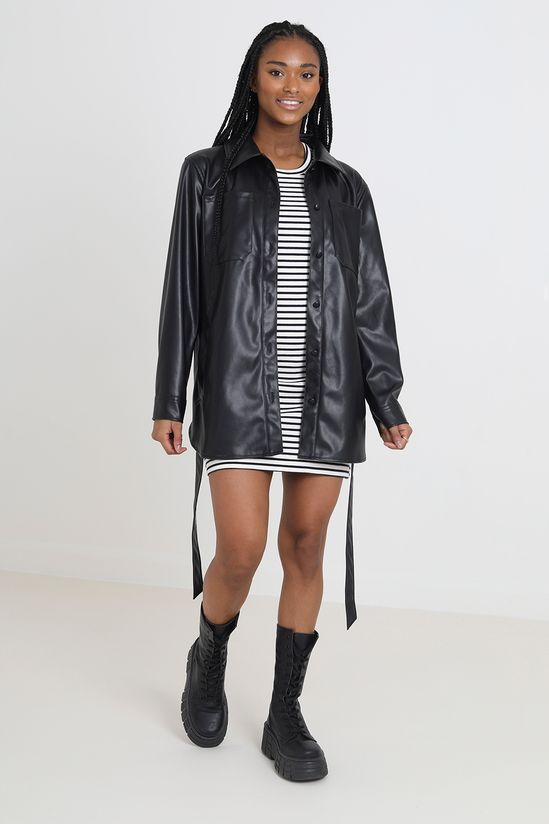 Faux Leather Self Tie Shacket