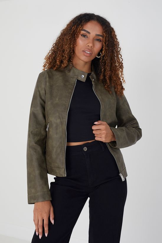 Faux Leather Round Neck Biker Jacket
