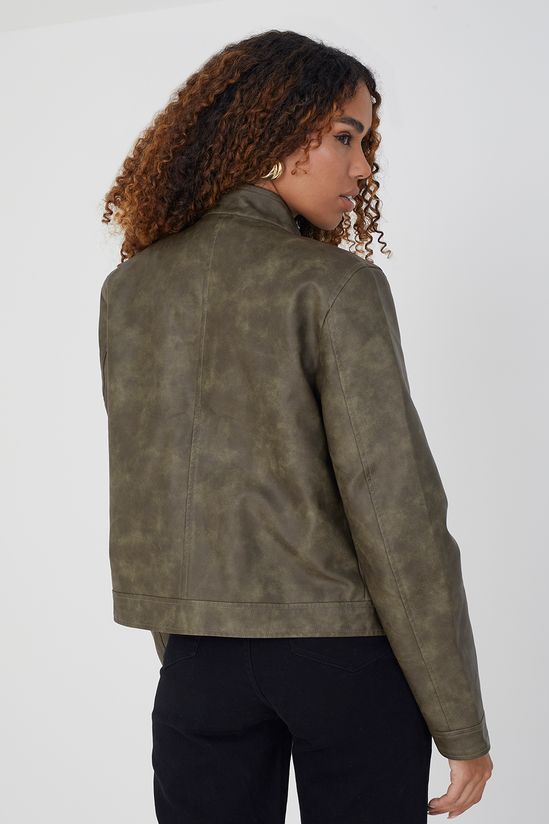 Faux Leather Round Neck Biker Jacket