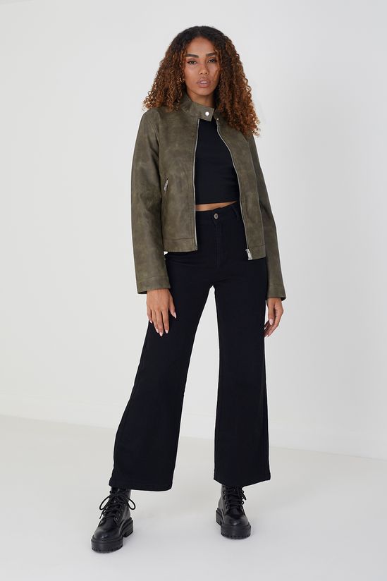 Faux Leather Round Neck Biker Jacket