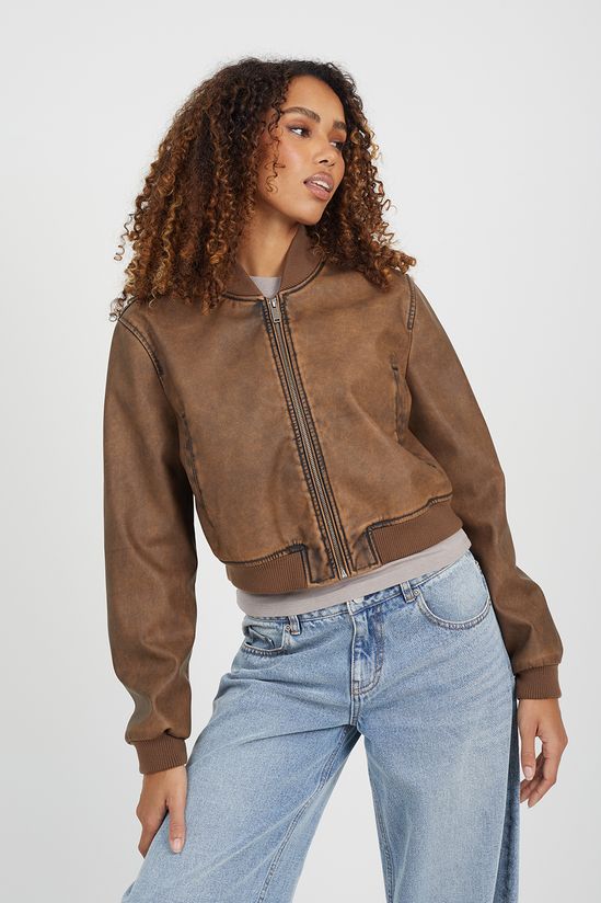 Vintage PU Cropped Bomber Jacket