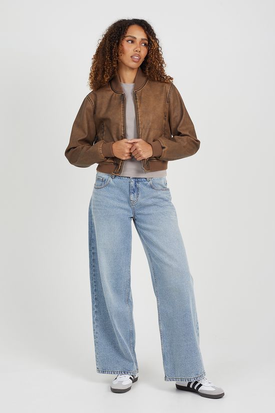 Vintage PU Cropped Bomber Jacket