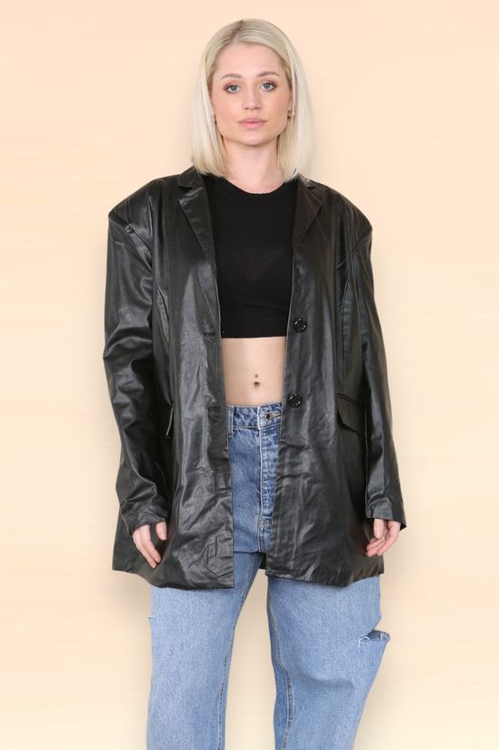 Black PU Faux Leather Long Sleeve Oversized Blazer