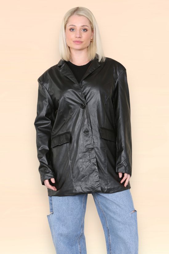 Black PU Faux Leather Long Sleeve Oversized Blazer