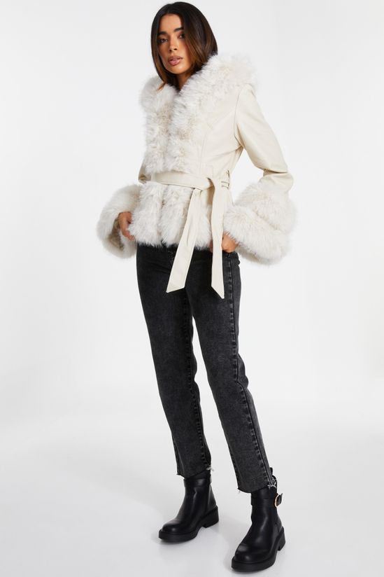 Off White Faux Leather Belted Jacket