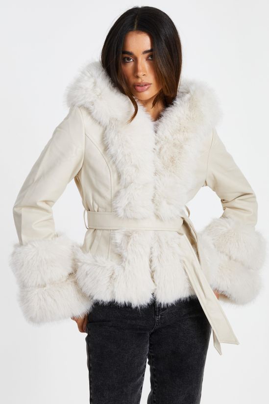 Off White Faux Leather Belted Jacket