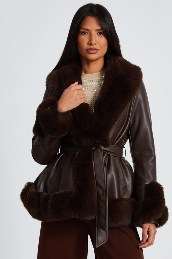 Brown Faux Leather Belted Jacket