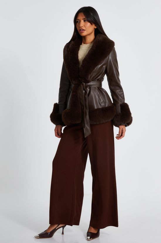 Brown Faux Leather Belted Jacket