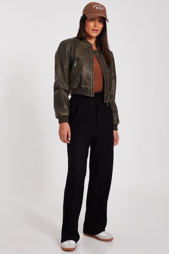 Khaki Faux Leather Bomber Jacket