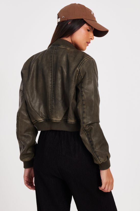 Khaki Faux Leather Bomber Jacket