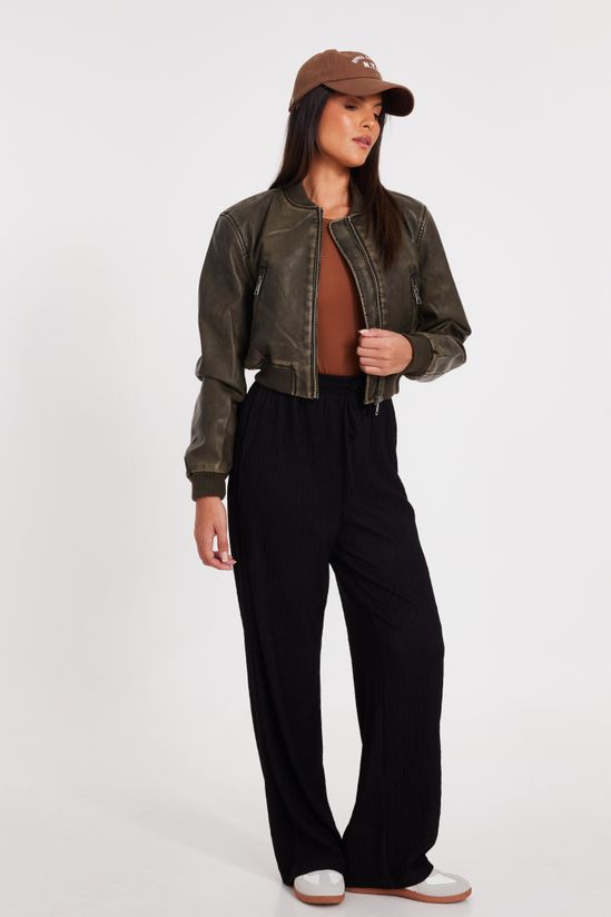 Khaki Faux Leather Bomber Jacket