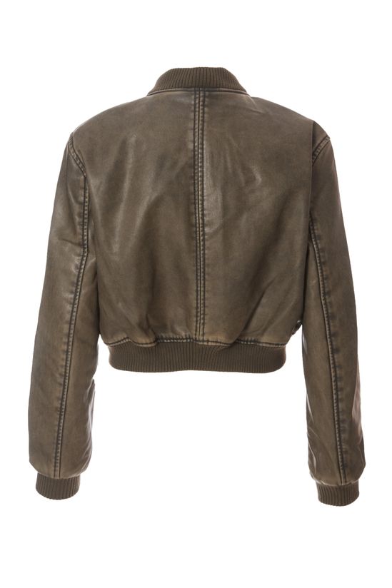 Khaki Faux Leather Bomber Jacket