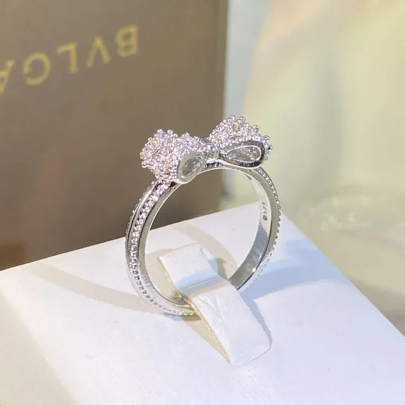 Fancy Bow CZ Silver Color Wedding Band Ring