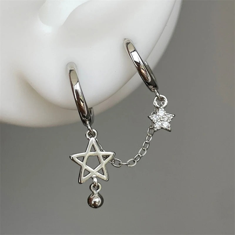 Silver Star Chain Double Ear Hole Earrings