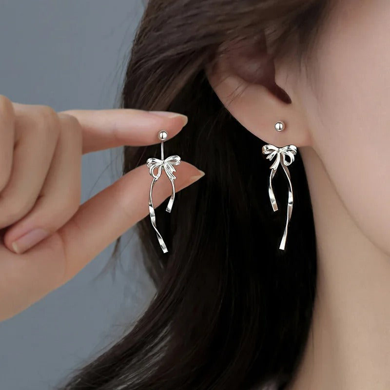 925 Sterling Silver Ribbon Bow Drop Earrings