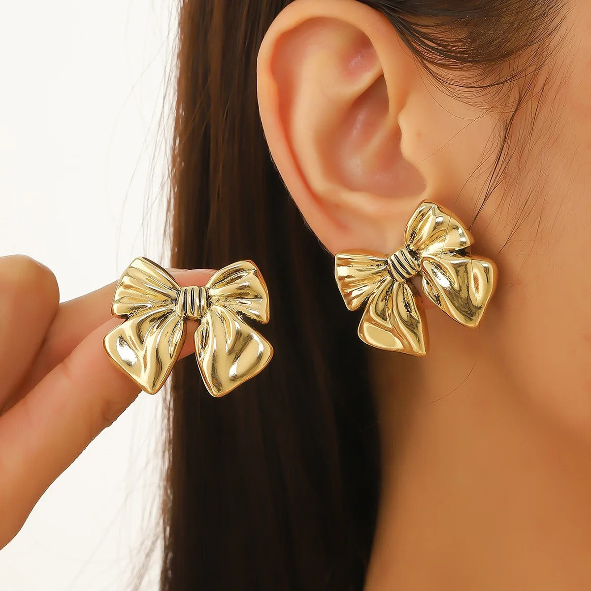 18K Gold Plated Ribbon Bow Stud Earrings