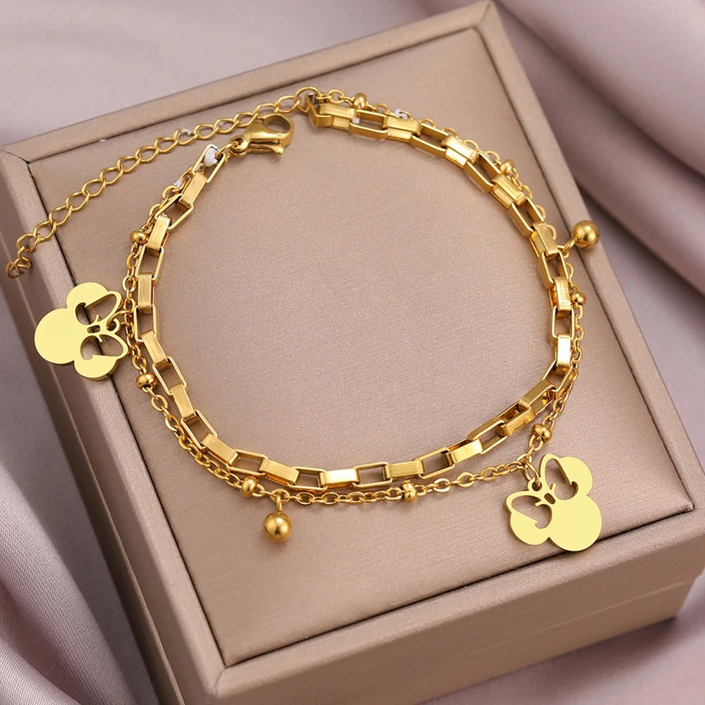 Cartoon Bow Mouse Pendant Layered Chain Bracelet