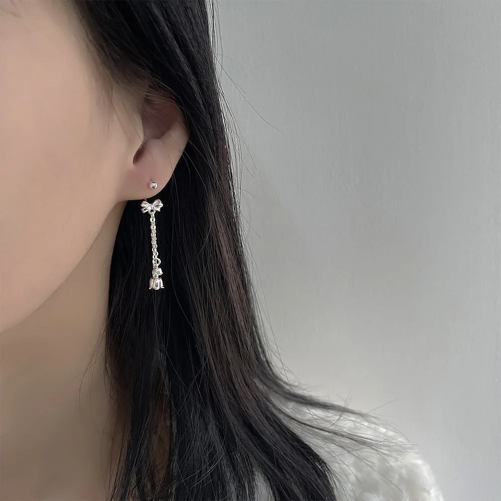 925 Sterling Silver Bow & Flower Fringe Drop Earrings