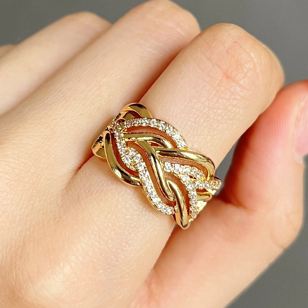 Huitan Gold Color Twist Design CZ Ring
