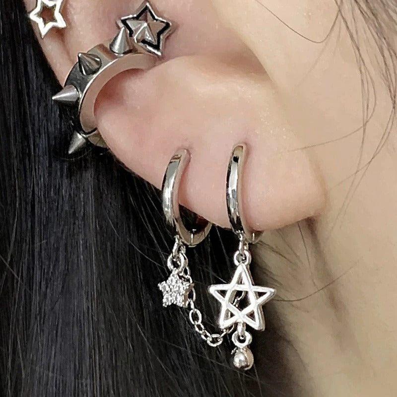 Silver Star Chain Double Ear Hole Earrings