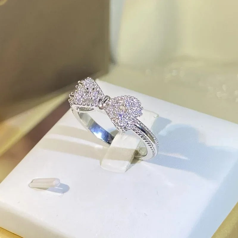 Fancy Bow CZ Silver Color Wedding Band Ring