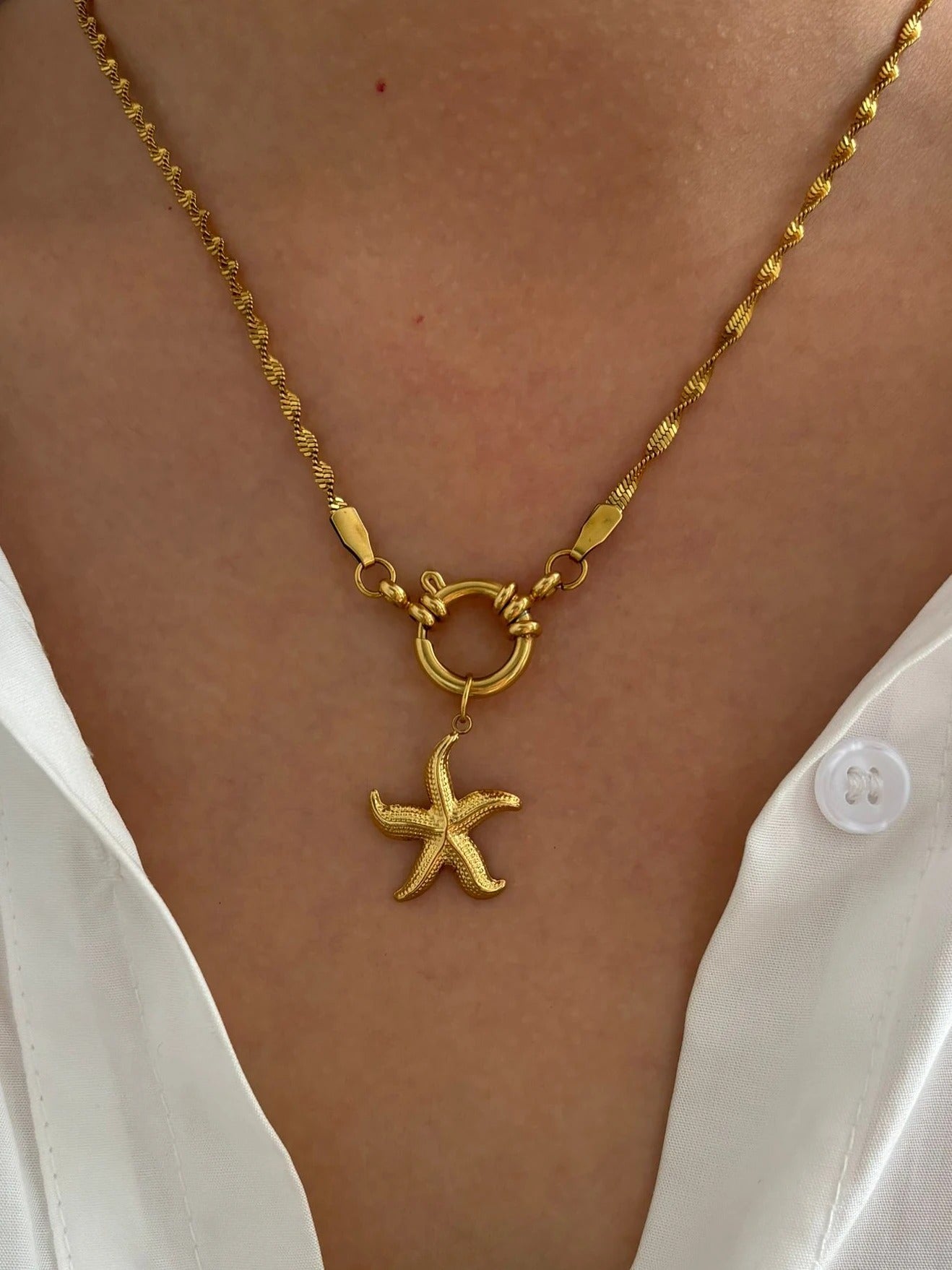 Chunky Heart & Starfish Shell Pendant Necklace